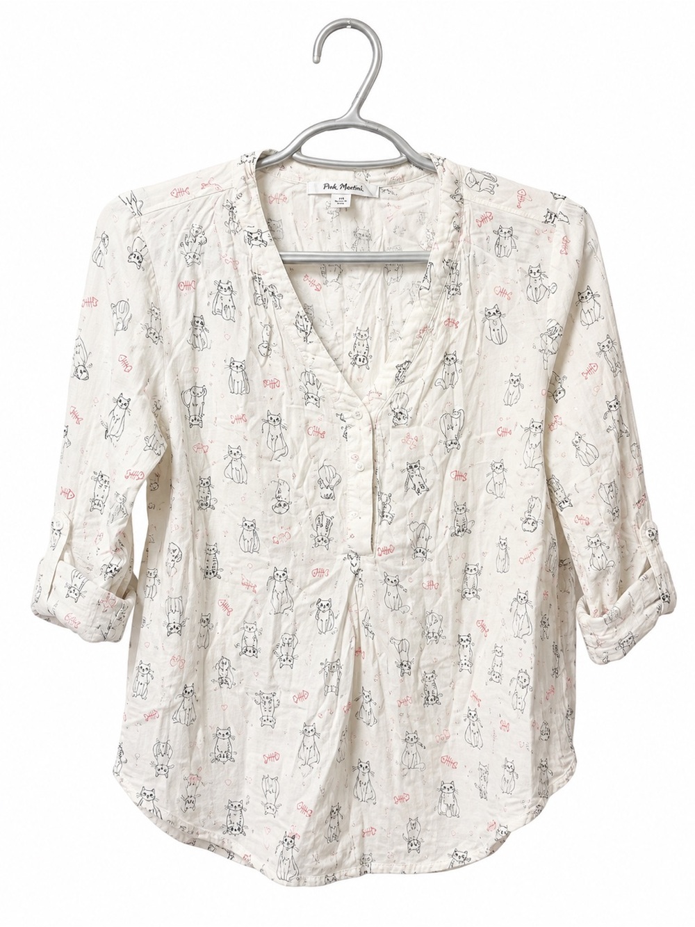 Novelty Cat Sketch Print Split-Neck Blouse XL | 100% Rayon Lightweight Top